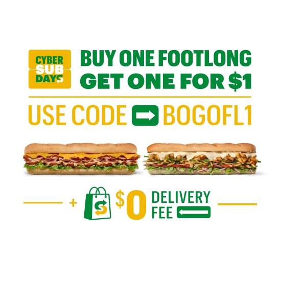  畅享双倍美味！Subway Footlong 赛百味三明治买一送一+免运费！